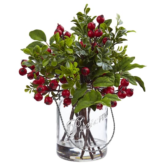 11" Berry Boxwood Arrangement in Glass Jar